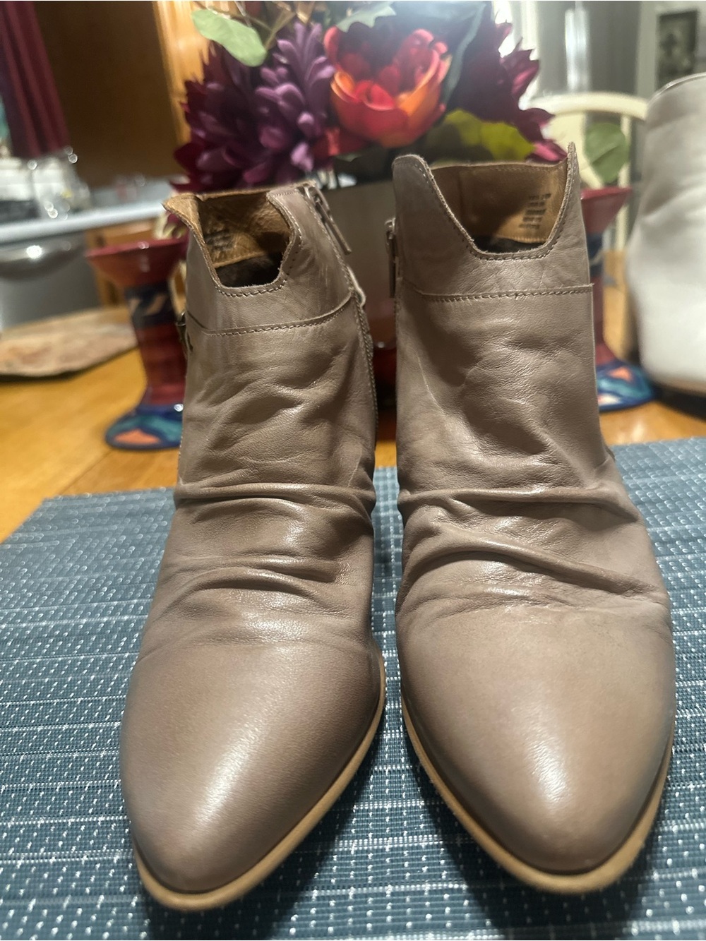 Women's Taupe Pointed Leather Ankle Booties